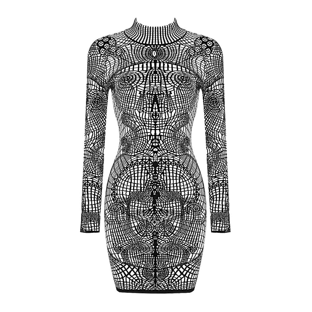 Skinny Stand Collar Print Dress | same ANTHEM. - as picture / L