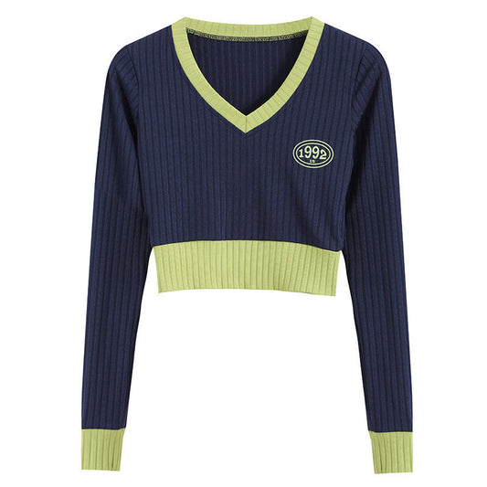 Slim-fit V-neck Cropped Sweater – same ANTHEM. - Dark Blue / One size