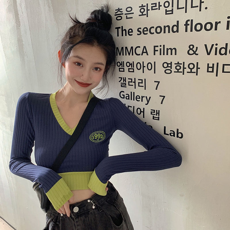 Slim-fit V-neck Cropped Sweater – same ANTHEM. - Dark Blue / One size