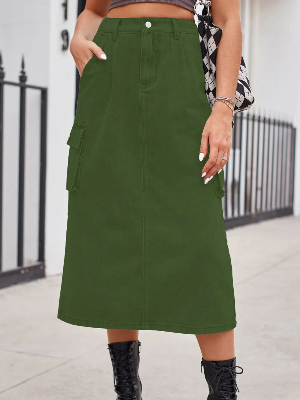 Slit Button Denim Skirt with Pockets – Streetwear Soulmate Style | same ANTHEM - Army Green / M