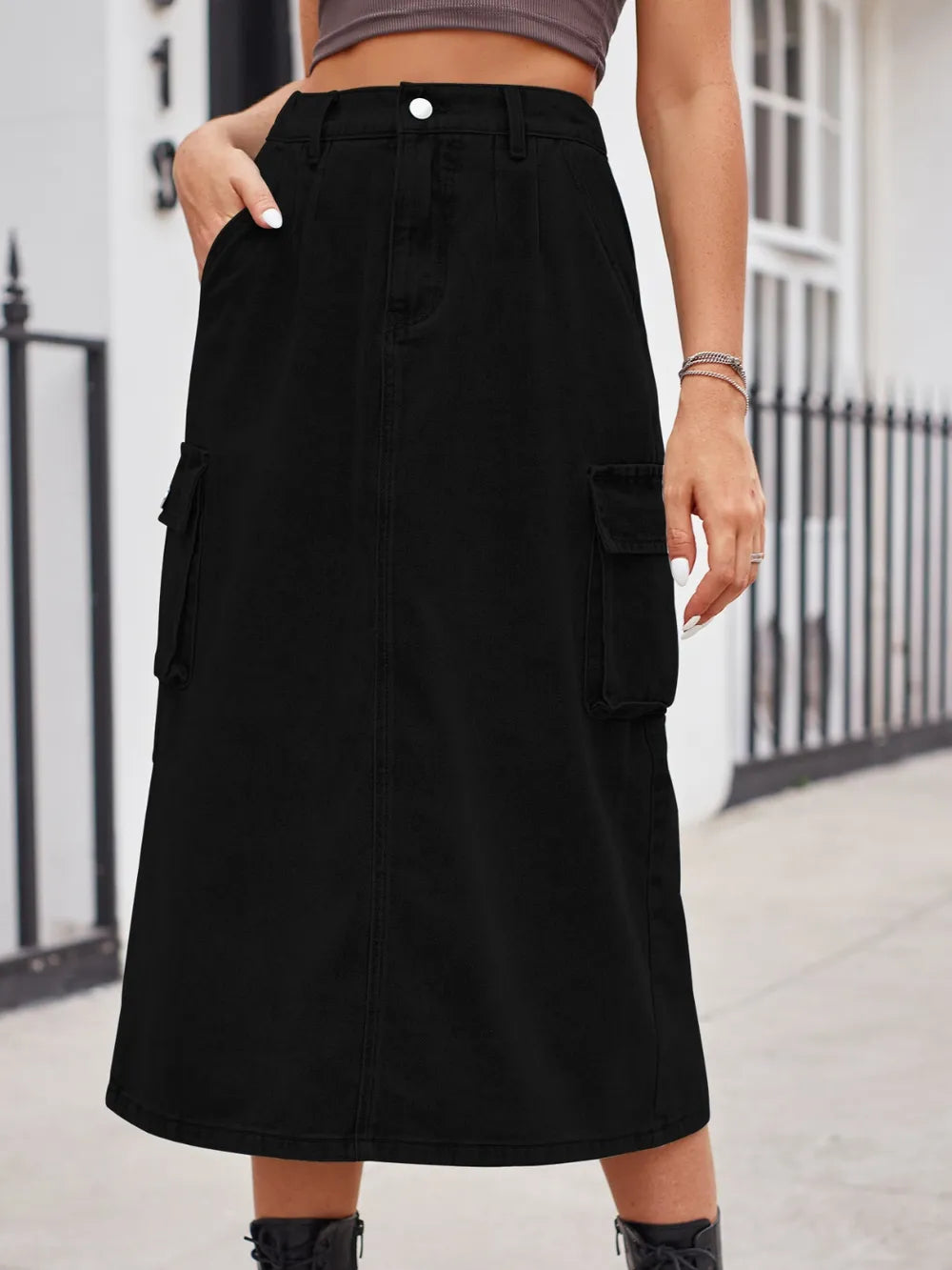 Slit Button Denim Skirt with Pockets – Streetwear Soulmate Style | same ANTHEM