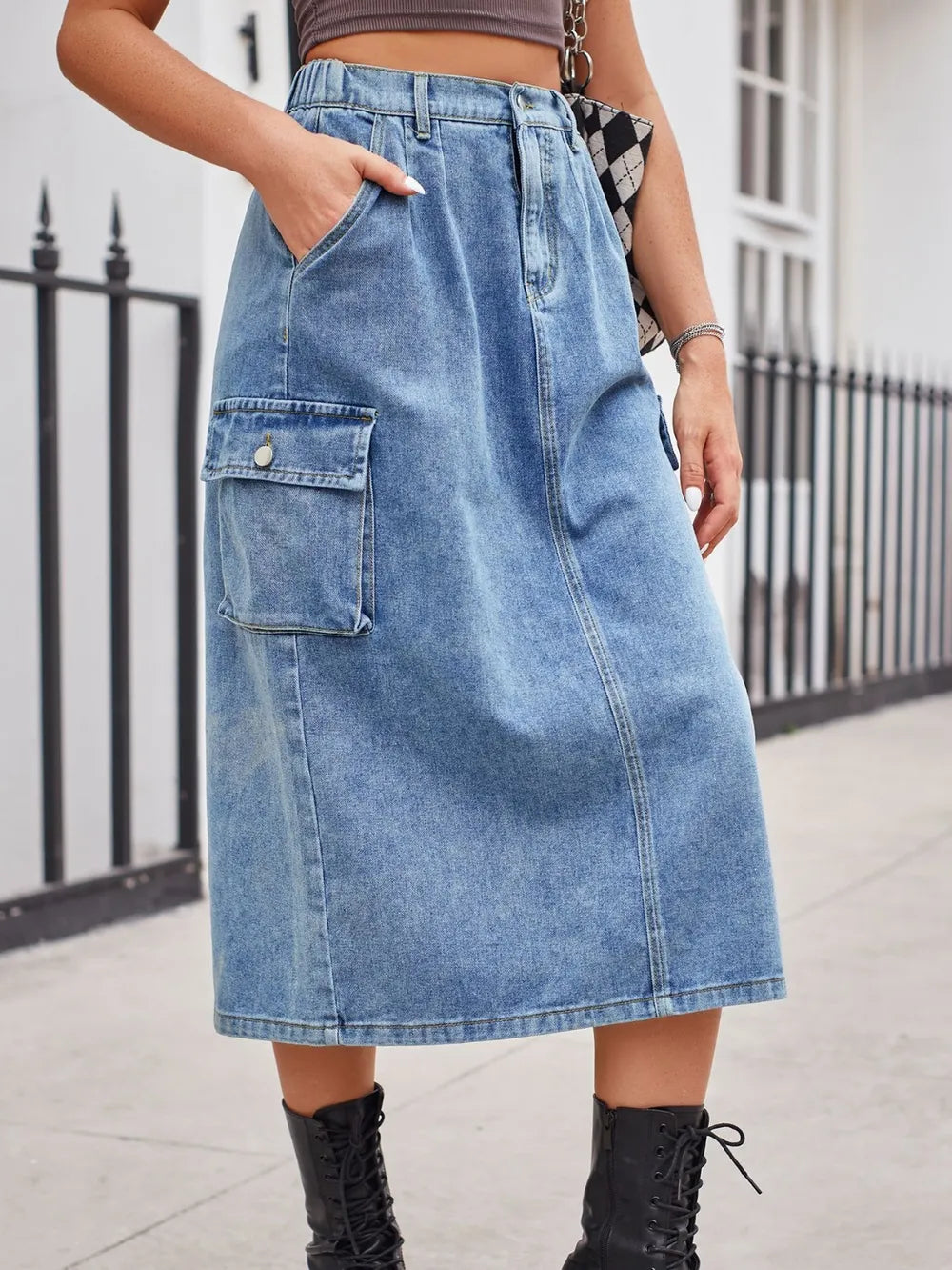 Slit Button Denim Skirt with Pockets – Streetwear Soulmate Style | same ANTHEM