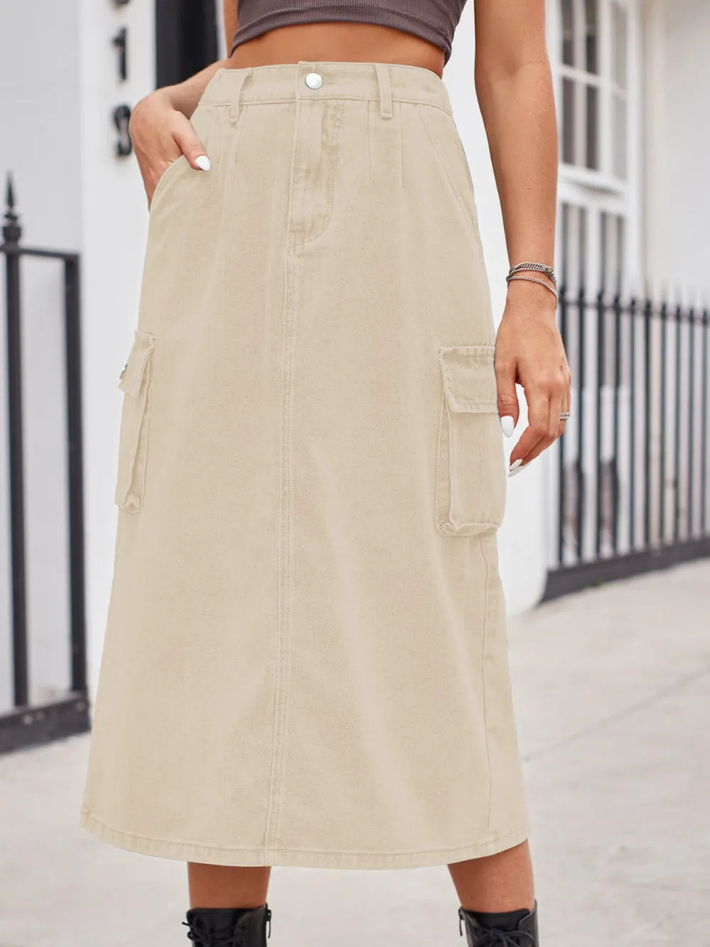 Slit Button Denim Skirt with Pockets – Streetwear Soulmate Style | same ANTHEM