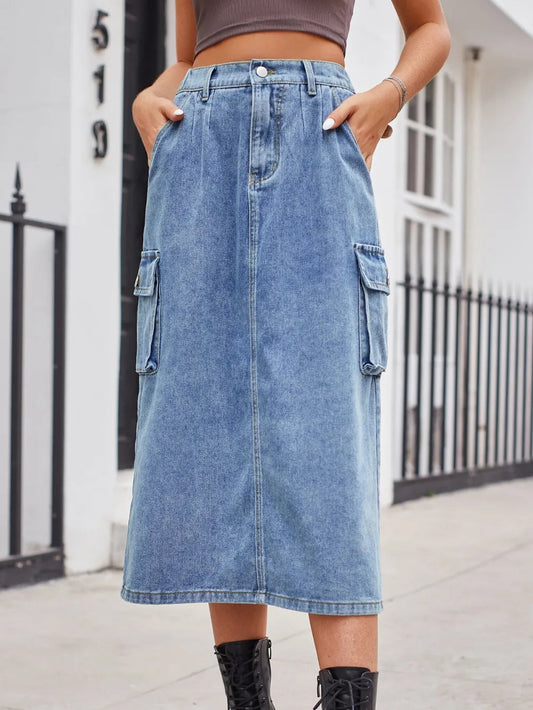 Slit Button Denim Skirt with Pockets – Streetwear Soulmate Style | same ANTHEM - Dusty Blue / 2XL
