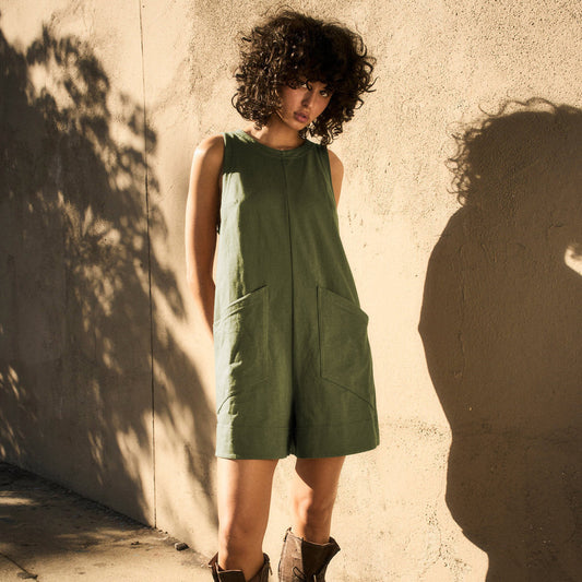 Solid Color Loose Onepiece with Pockets | Fashionable Summer Cargo Shorts Overalls for Women | Same Anthem - Army Green