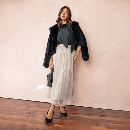 Solid Color Streamer Yarn Skirt – Women’s Summer High Waist Slimming A-Line Bright Silk Skirt | French Style Made