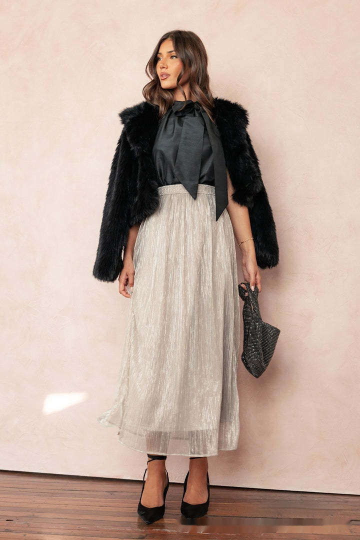 Solid Color Streamer Yarn Skirt – Women’s Summer High Waist Slimming A-Line Bright Silk Skirt | French Style Made