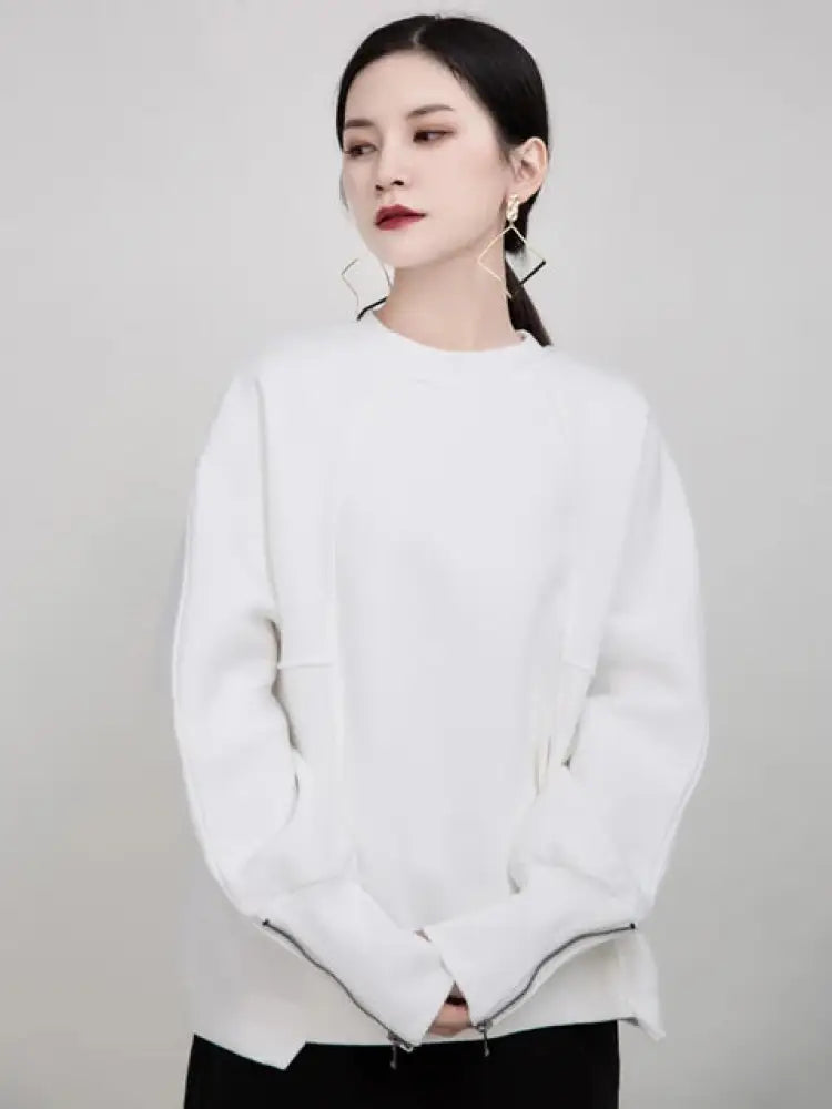 Solid Color Zipper Sleeve Sweater – same ANTHEM | Dreamy Streetwear for Soulmates - White / One Size