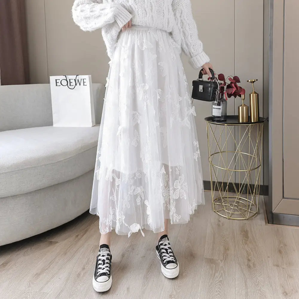 Soulmate Skirt - Romantic Embroidered Bow Lace Mesh Skirt for Lovers & Friends | Dreamy Midi Tutu Skirt - White / 2XL