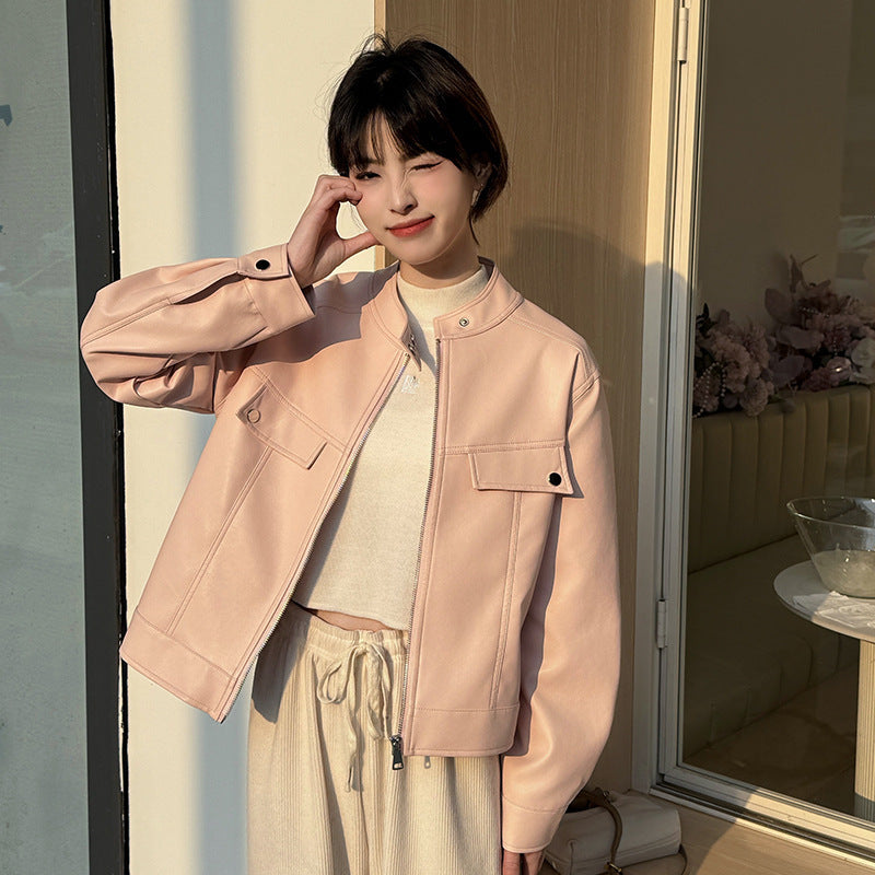 Soulmate Slimming Leather Coat – Spring & Autumn Casual - Pink / L