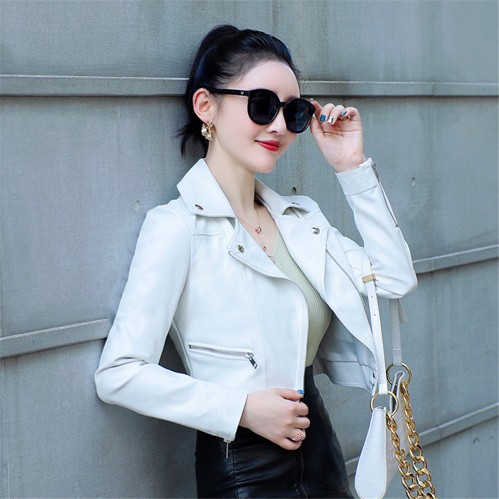 Soulmate Synthetic Leather Jacket - Korean Style Short Slim Motorcycle Jacket for Lovers Friends & Twin Flames - White