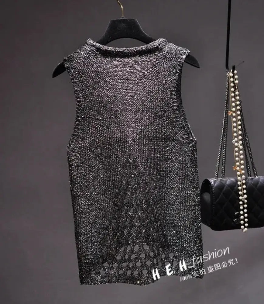 Sparkling Sequins Silk Sleeveless Top – dreamy chic streetwear | same ANTHEM. - Black and silver / One Size