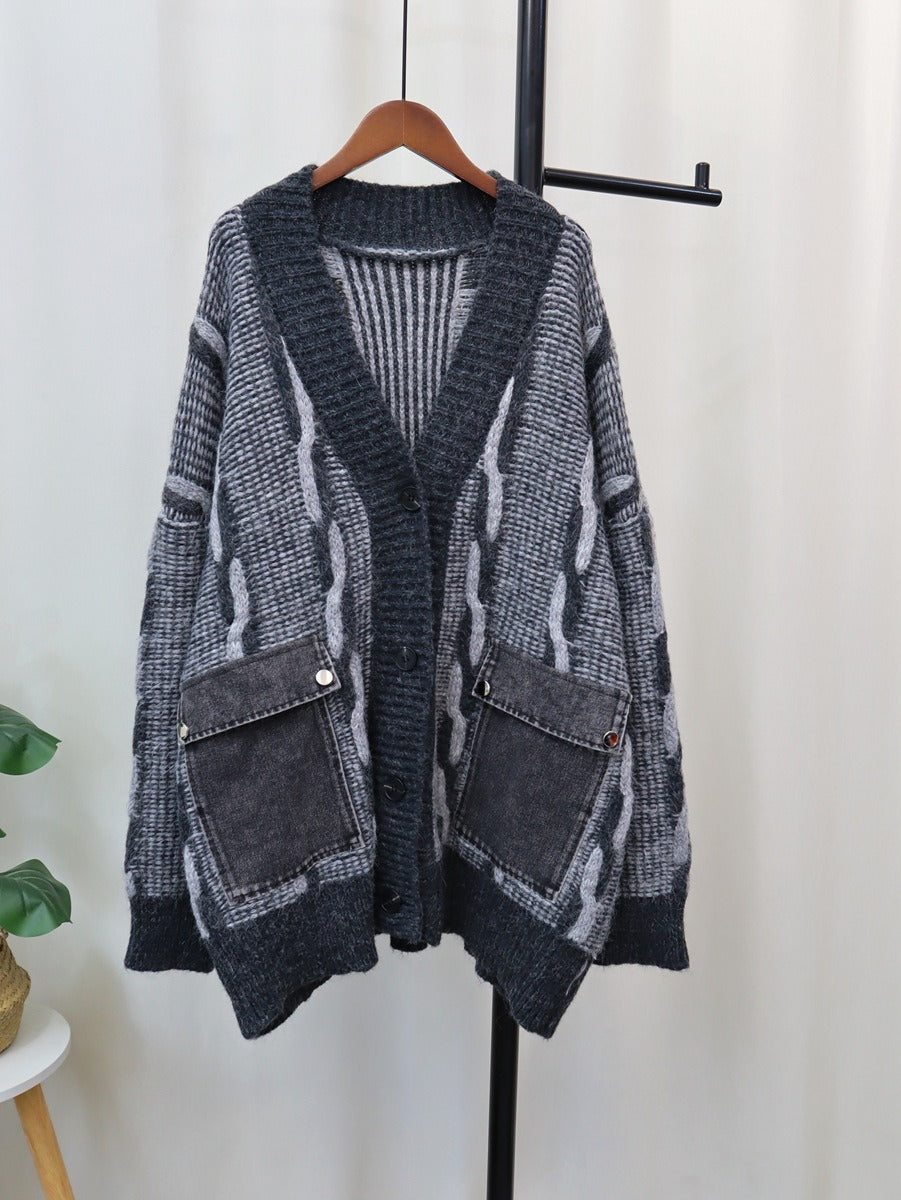 Spliced Pocket Denim Knitted Cardigan | Casual Loose Vintage Cardigan | same ANTHEM - grey / One Size