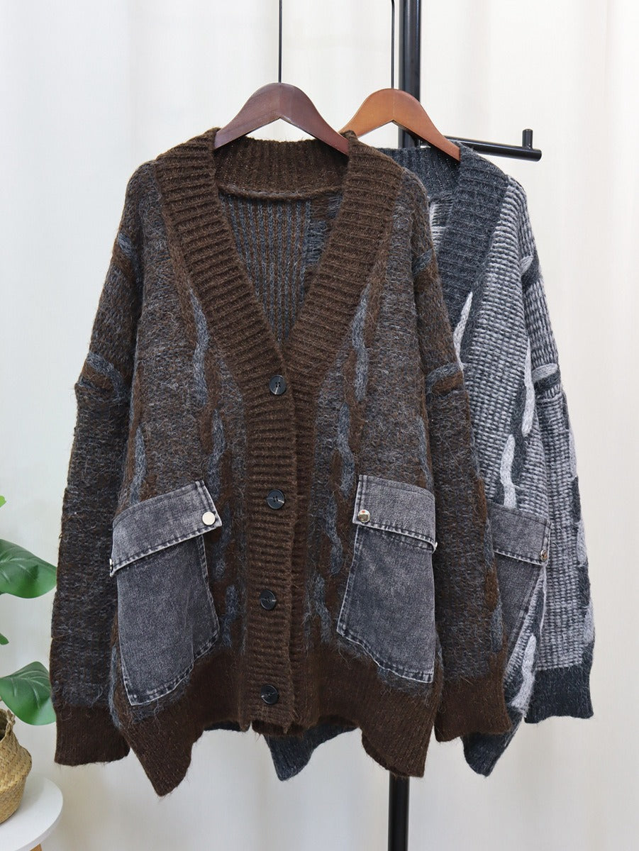 Spliced Pocket Denim Knitted Cardigan | Casual Loose Vintage Cardigan | same ANTHEM