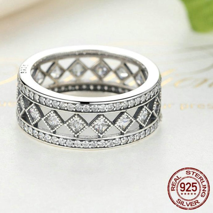 Sterling Silver Square Vintage Fascination Clear CZ Big Ring | same ANTHEM