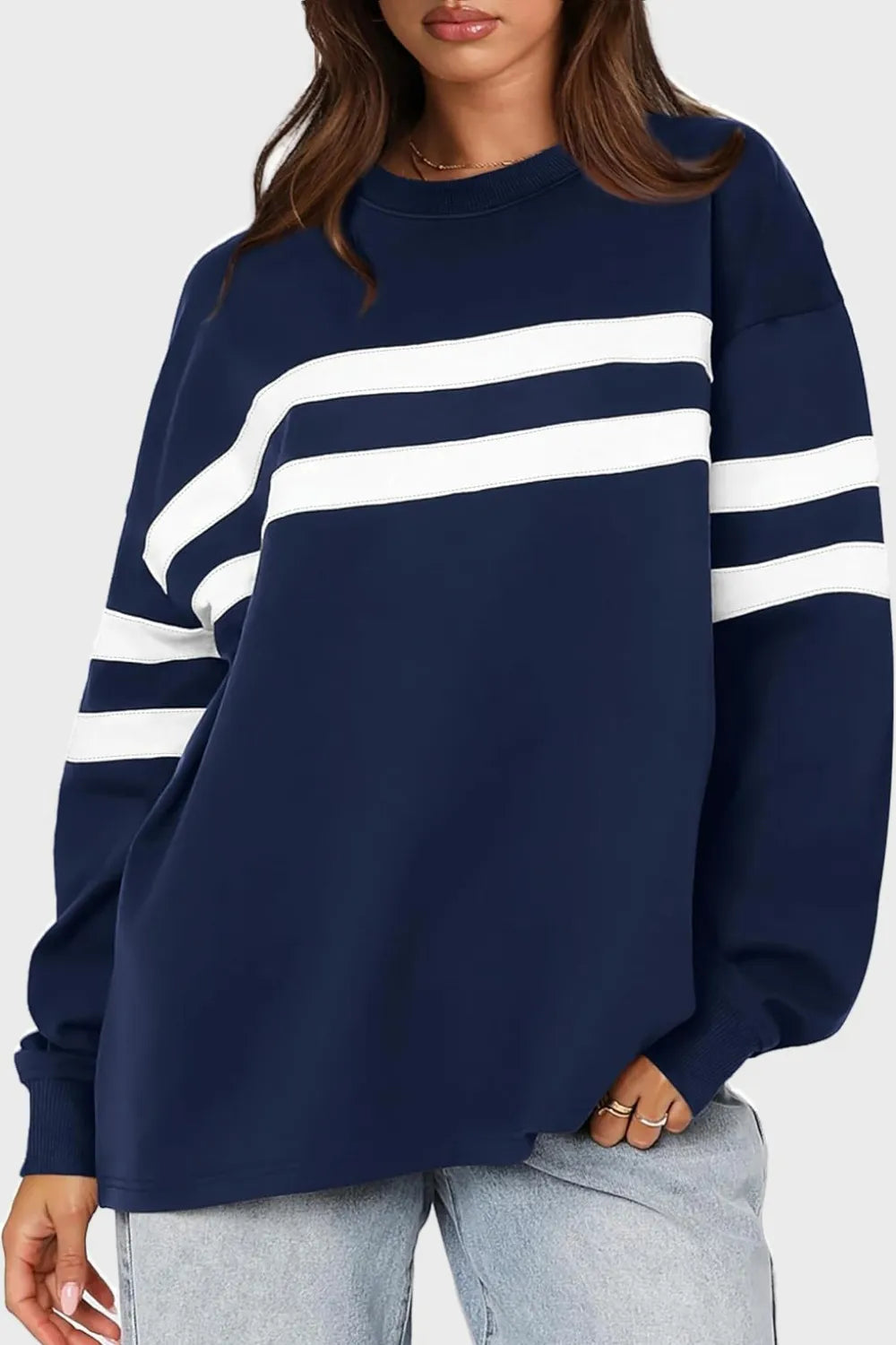 Striped Dropped Shoulder Sweatshirt – same ANTHEM | Dreamy Streetwear for Soulmates & Lovers - Navy / S