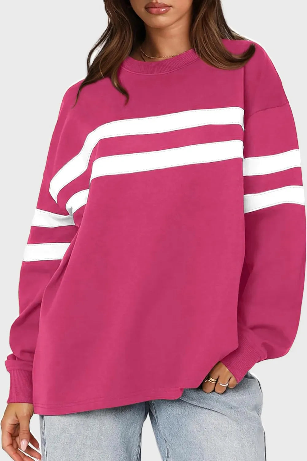 Striped Dropped Shoulder Sweatshirt – same ANTHEM | Dreamy Streetwear for Soulmates & Lovers - Cerise / S