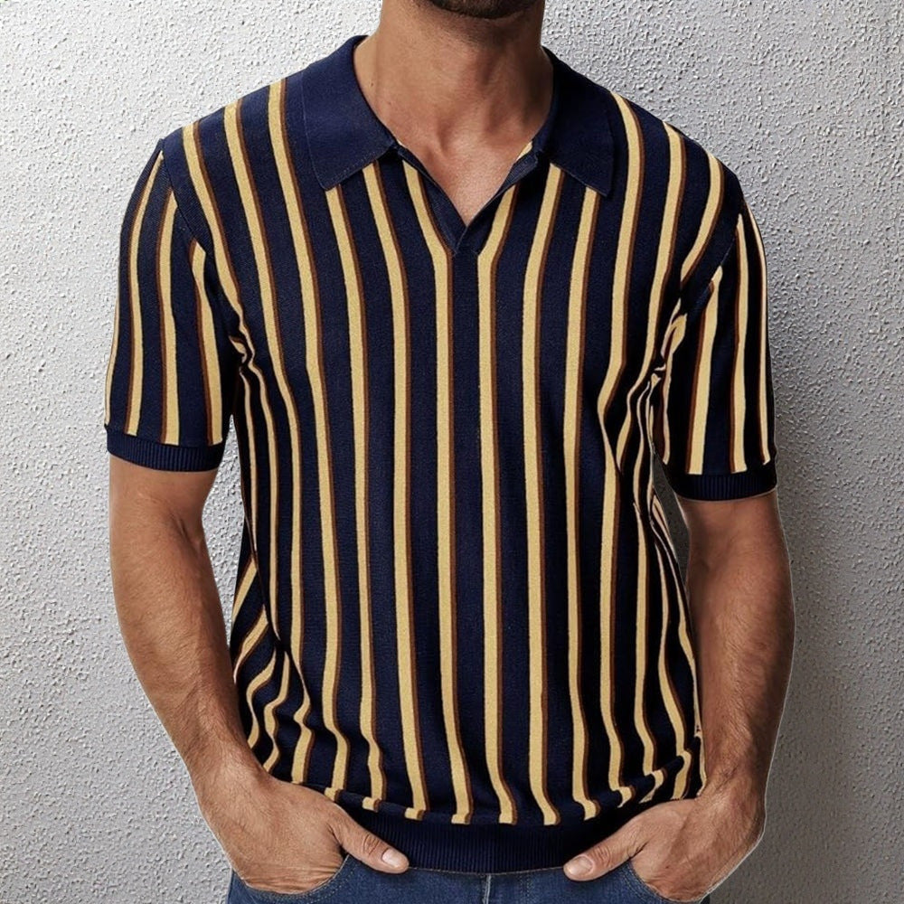 Striped Knitted Polo Shirt with Lapels | same ANTHEM. Soulmate Streetwear - Navy Blue / 2XL