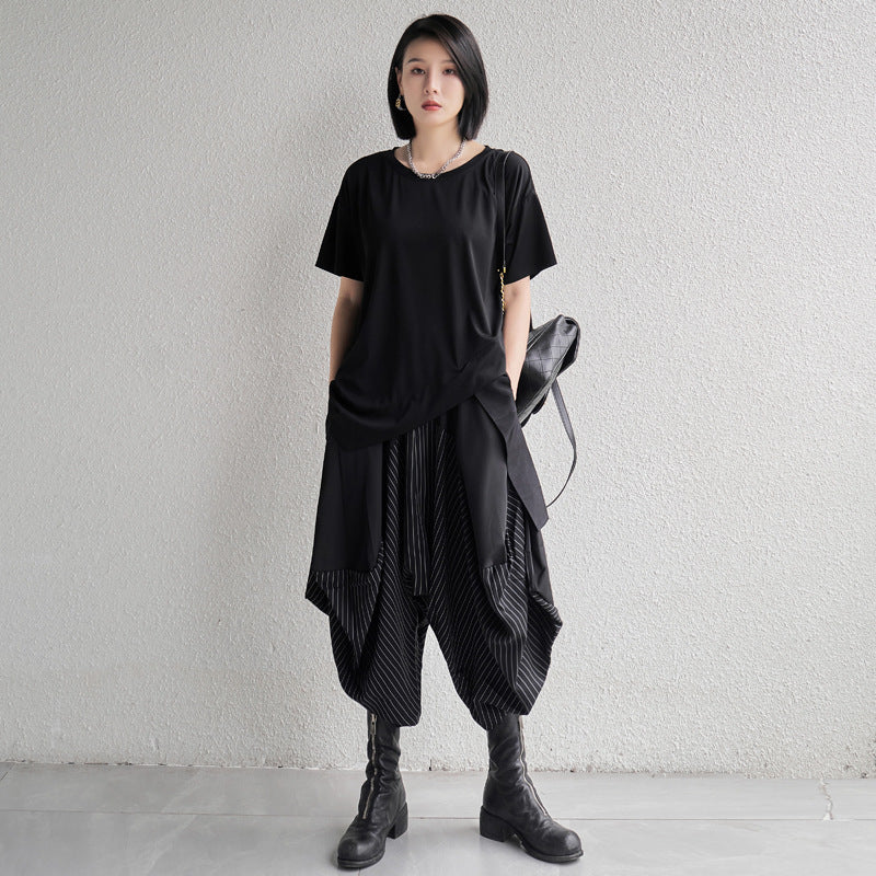 Striped Patchwork Wide-Leg Cropped Pants Japanese Streetwear Chic | same ANTHEM