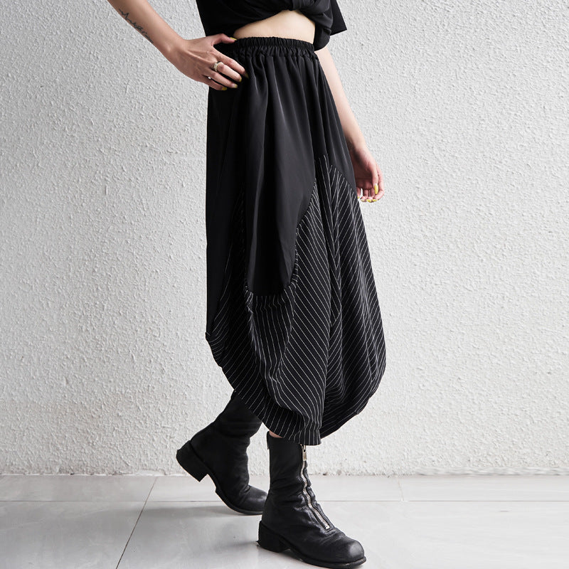 Striped Patchwork Wide-Leg Cropped Pants Japanese Streetwear Chic | same ANTHEM