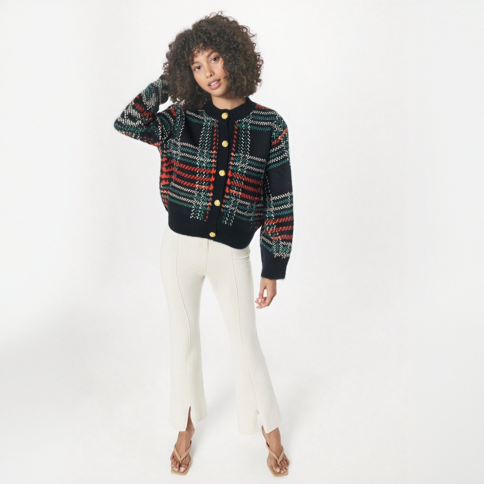 Striped Plaid Cropped Knit Cardigan | same ANTHEM - Black / One Size