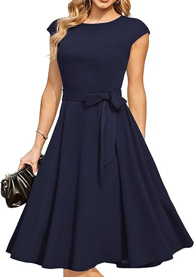Summer Round Neck Sleeveless Swing Dress with Waist Belt | Trendy & Elegant Dress for Lovers | Same Anthem - Navy Blue
