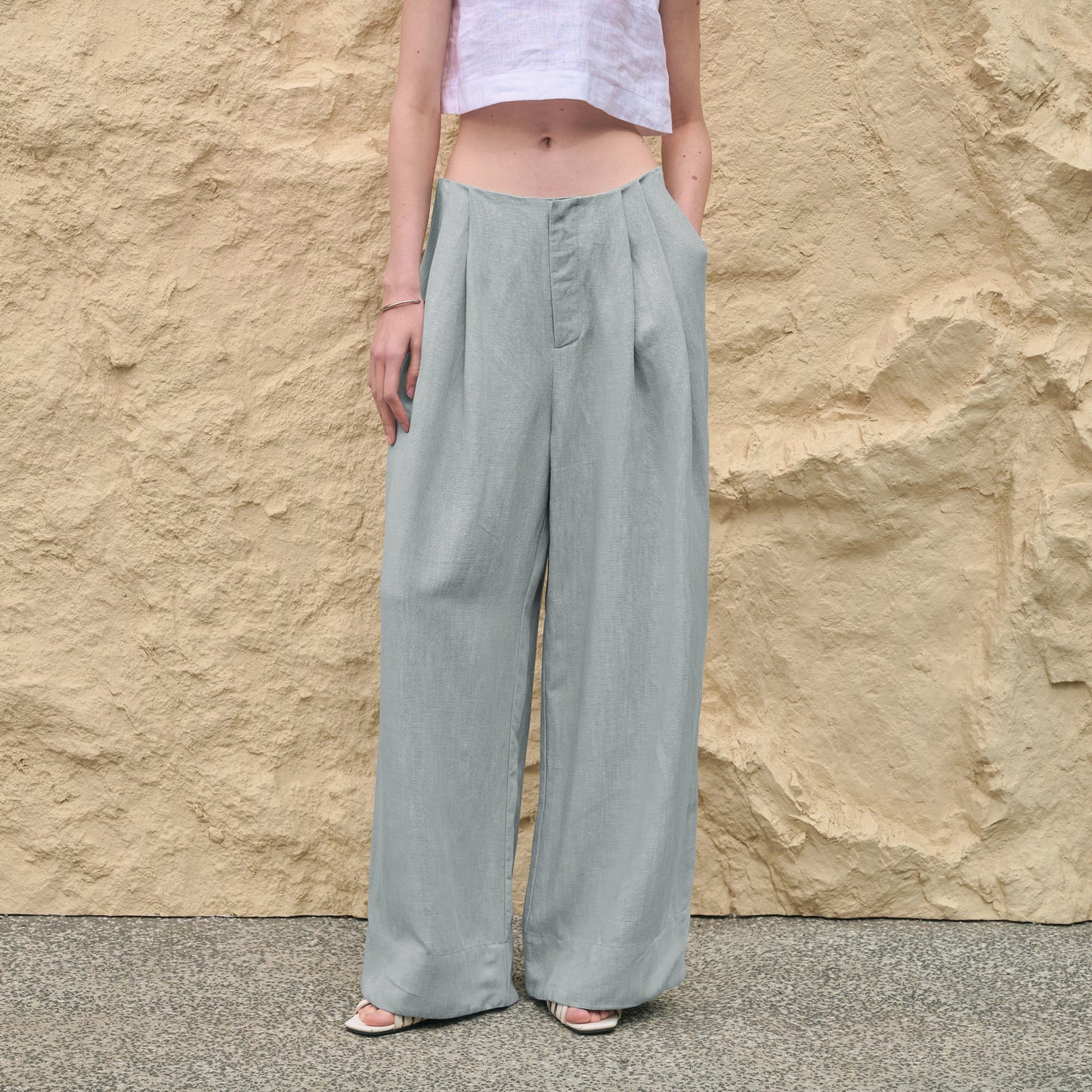 Tencel Linen Wide Leg Pants Women | Yamamoto Minimalist Style | same ANTHEM. - Gray-blue (one size smaller) / S