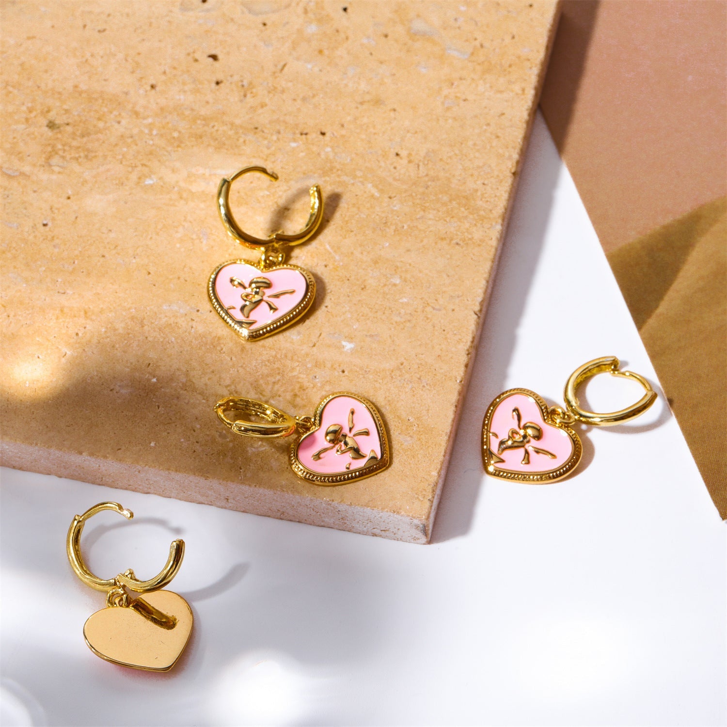 Titanium Steel Pink Peach Heart Women’s Earrings - Golden Angel Earrings