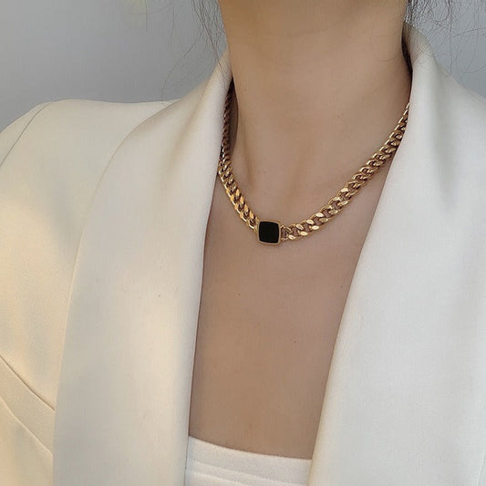 Titanium Steel Thick Chain Necklace – Black Square Collarbone Chain | same ANTHEM