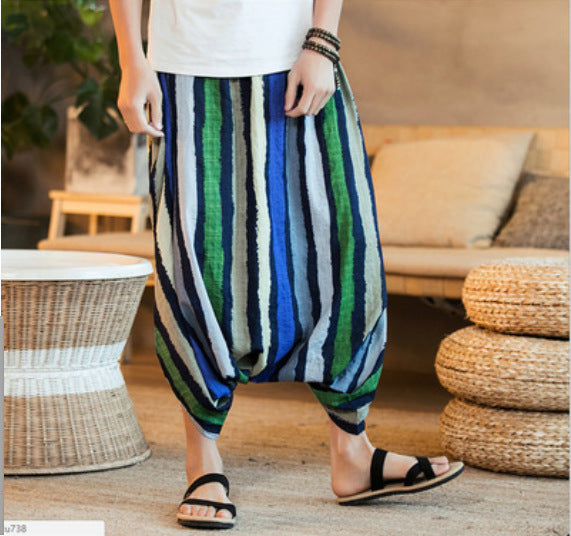 triped Nepalese Cropped Pants – Casual Cool Harem Pants | Same Anthem - Blue / green - Pants