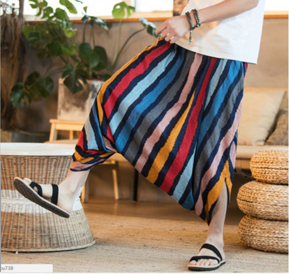 triped Nepalese Cropped Pants – Casual Cool Harem Pants | Same Anthem - Red and blue / 4XL - Pants