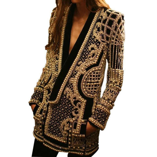 V-neck Long-sleeved Suit Blouse With Bubble Print Women’s Clothing