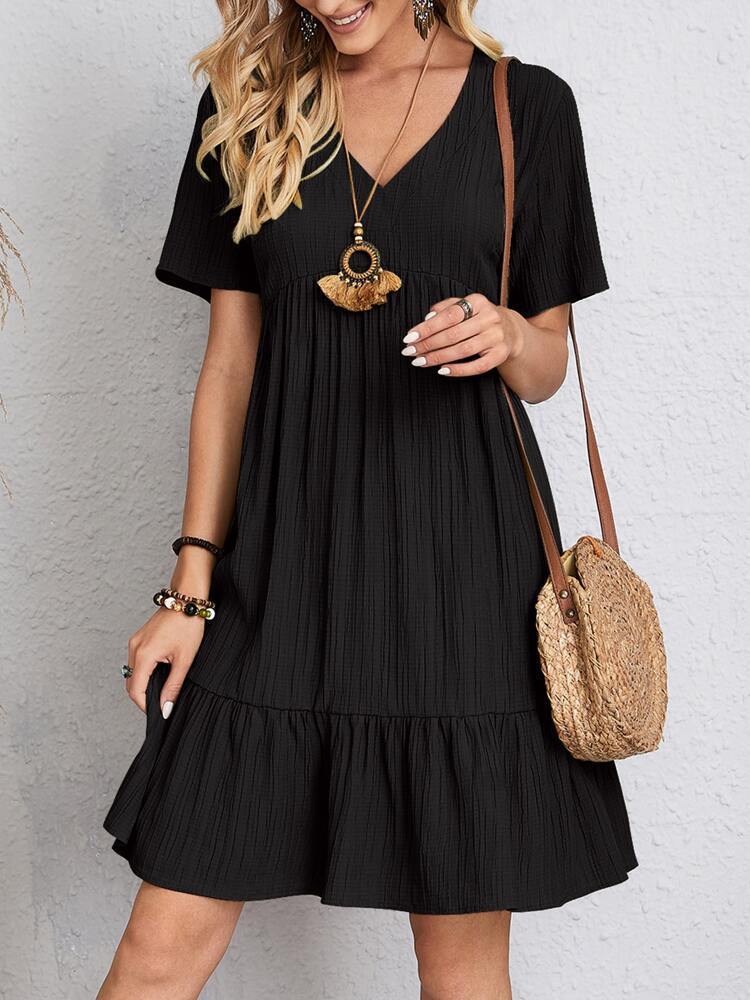 V-neck Short Sleeve Ruffled Dress | Romantic & Boho Summer Dress for Lovers & Soulmates | Same Anthem - Black / 2XL