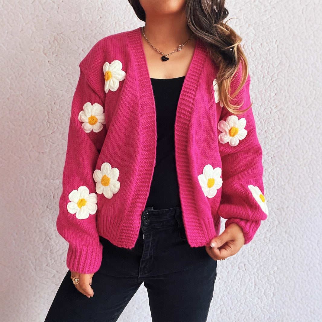 V-Neck Spliced Flower Cardigan Women | Autumn/Winter Knitted Sweater | same ANTHEM. - Rose Red / S
