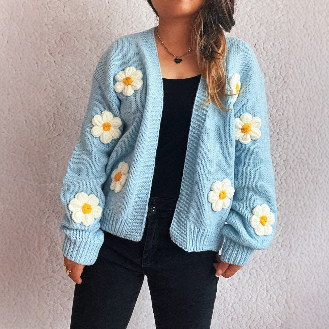 V-Neck Spliced Flower Cardigan Women | Autumn/Winter Knitted Sweater | same ANTHEM. - Blue / S