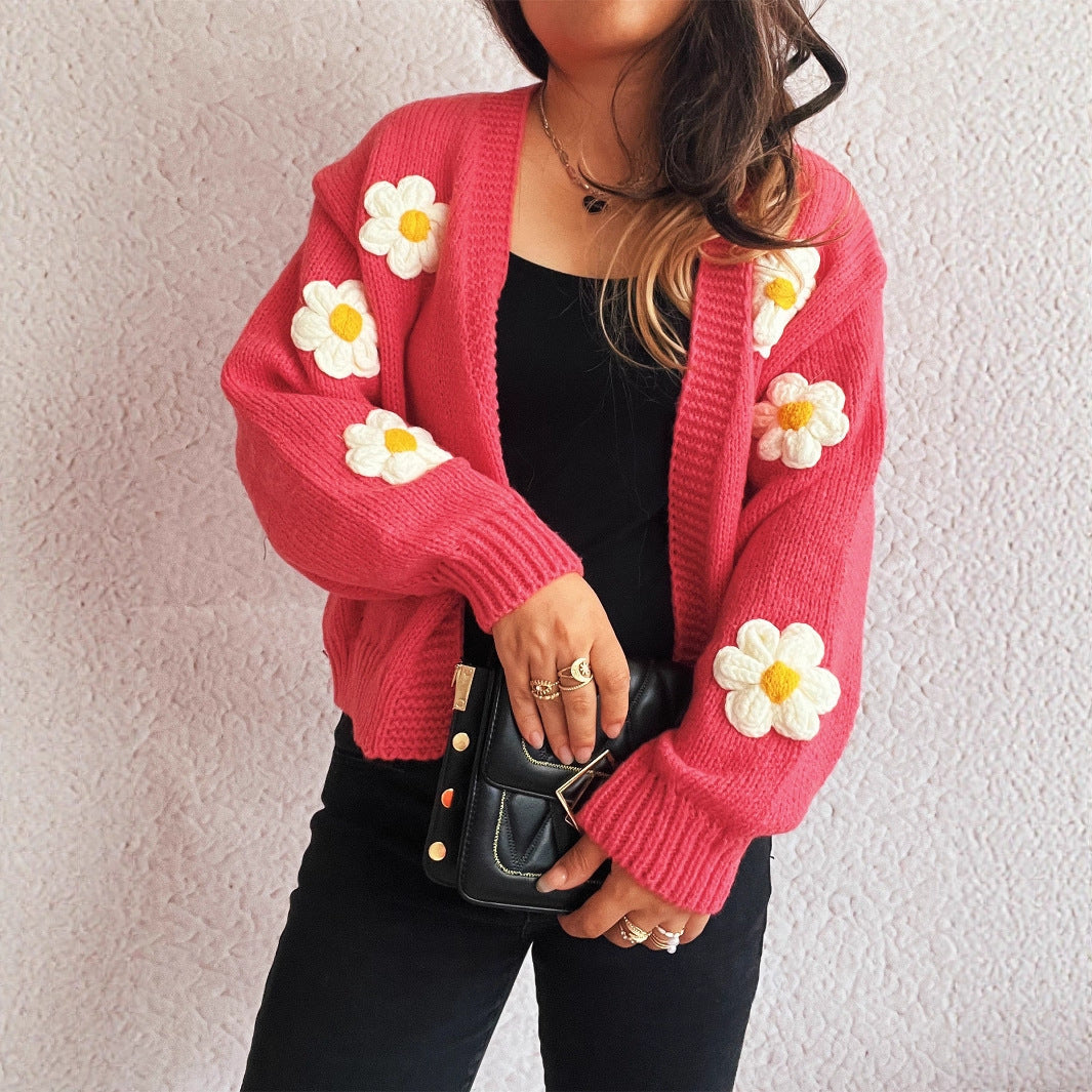 V-Neck Spliced Flower Cardigan Women | Autumn/Winter Knitted Sweater | same ANTHEM. - Watermelon Red / S