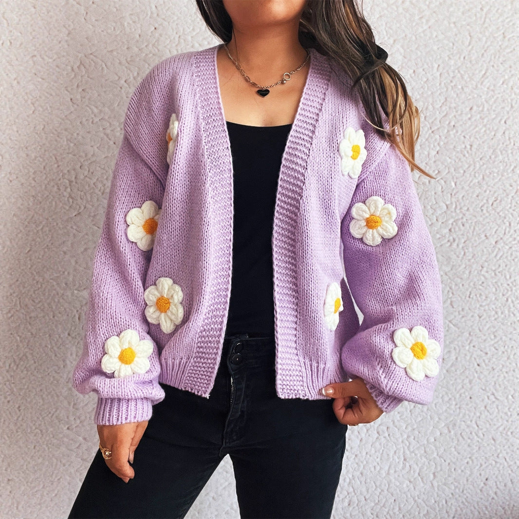 V-Neck Spliced Flower Cardigan Women | Autumn/Winter Knitted Sweater | same ANTHEM. - Purple / S