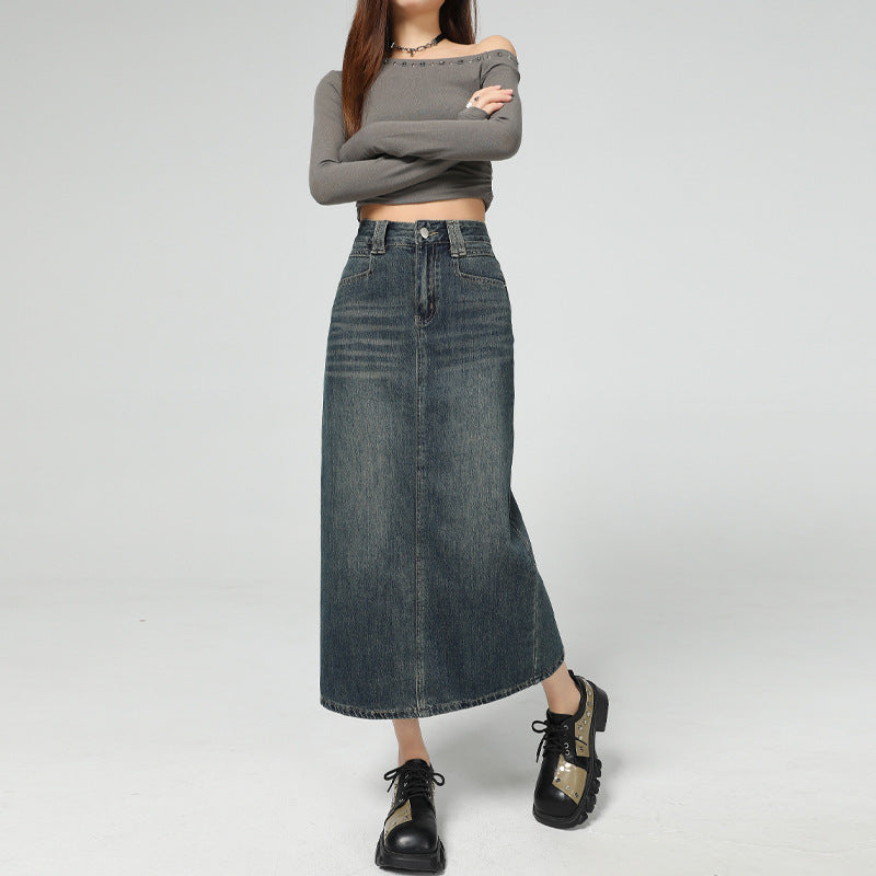 Vintage Blue Denim Skirt Women | Slimming Slit Straight Skirt | same ANTHEM. - Vintage Blue / XS
