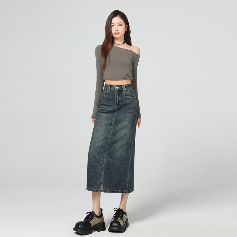 Vintage Blue Denim Skirt Women | Slimming Slit Straight Skirt | same ANTHEM.