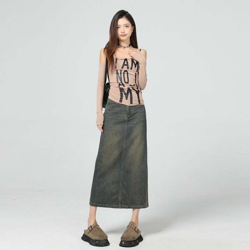 Vintage Blue Denim Skirt Women | Slimming Slit Straight Skirt | same ANTHEM.