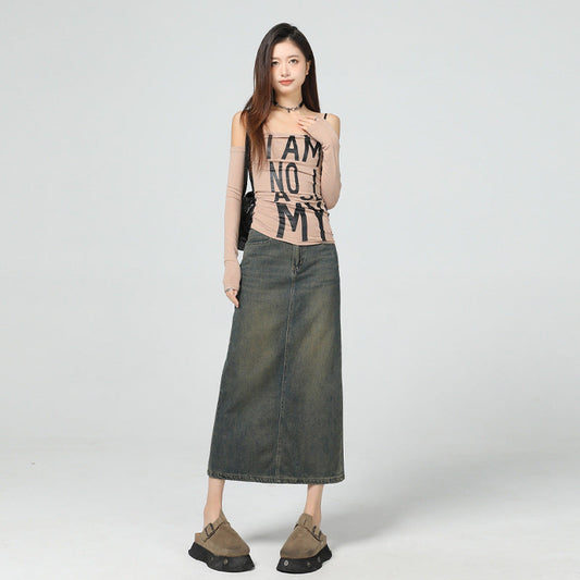 Vintage Blue Denim Skirt Women | Slimming Slit Straight Skirt | same ANTHEM.