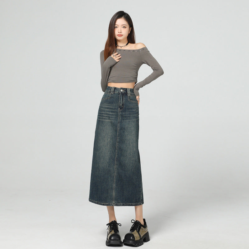 Vintage Blue Denim Skirt Women | Slimming Slit Straight Skirt | same ANTHEM.