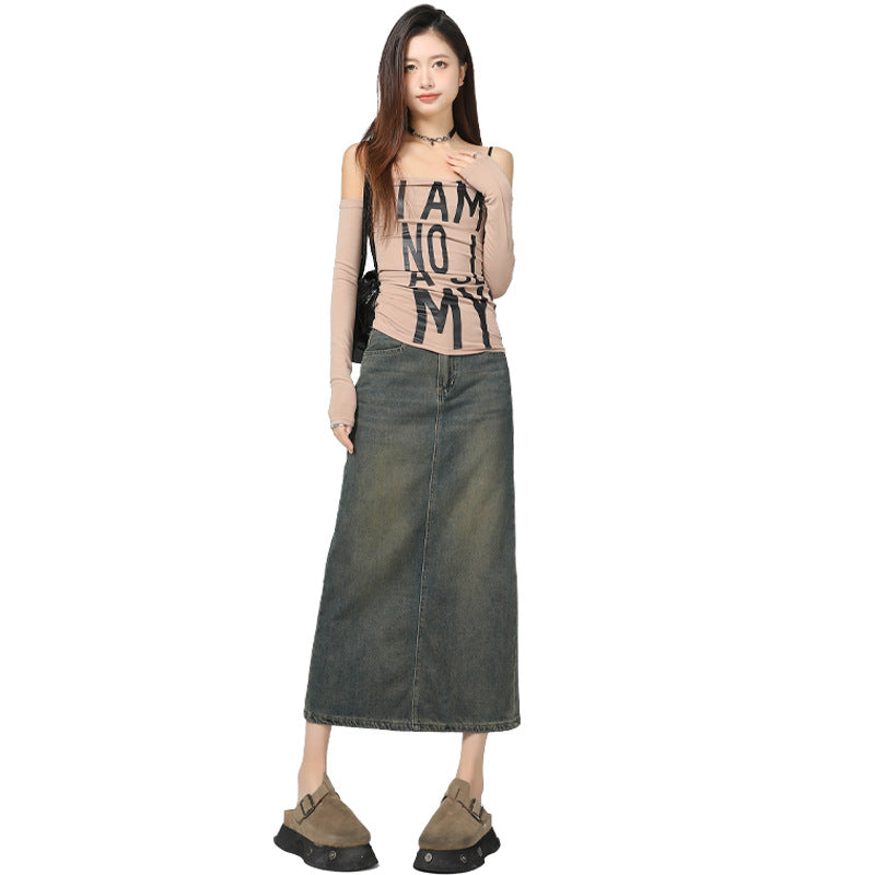 Vintage Blue Denim Skirt Women | Slimming Slit Straight Skirt | same ANTHEM.