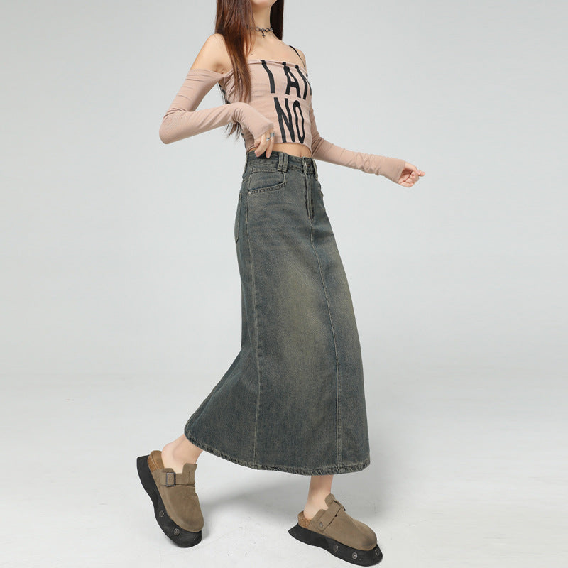 Vintage Blue Denim Skirt Women | Slimming Slit Straight Skirt | same ANTHEM. - Cement Gray / XS