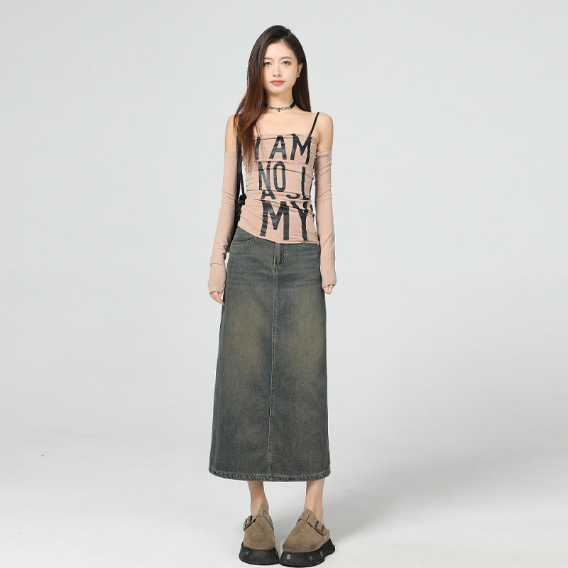 Vintage Blue Denim Skirt Women | Slimming Slit Straight Skirt | same ANTHEM.