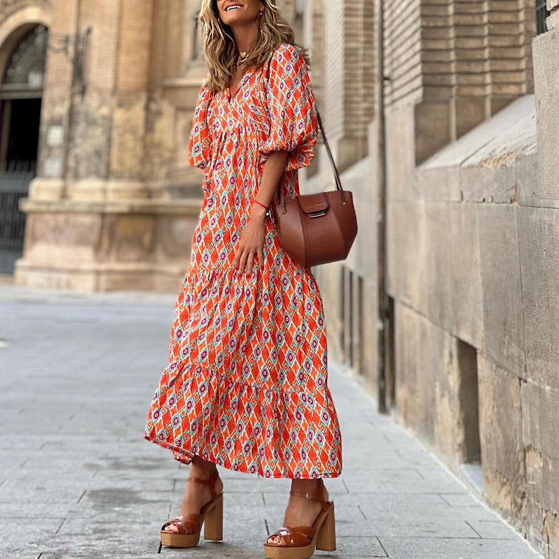 Vintage Bohemian V-neck Long Dress | Elegant & Romantic Summer Dress for Lovers | Same Anthem - Red Geometry / 2XL