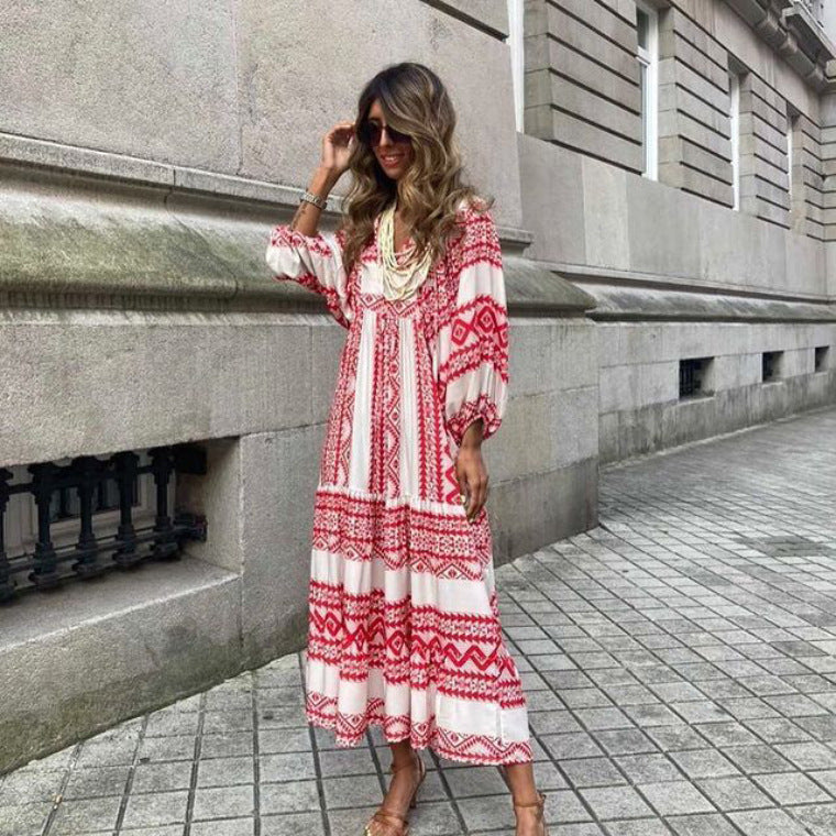 Vintage Bohemian V-neck Long Dress | Elegant & Romantic Summer Dress for Lovers | Same Anthem - Wine Red / 2XL