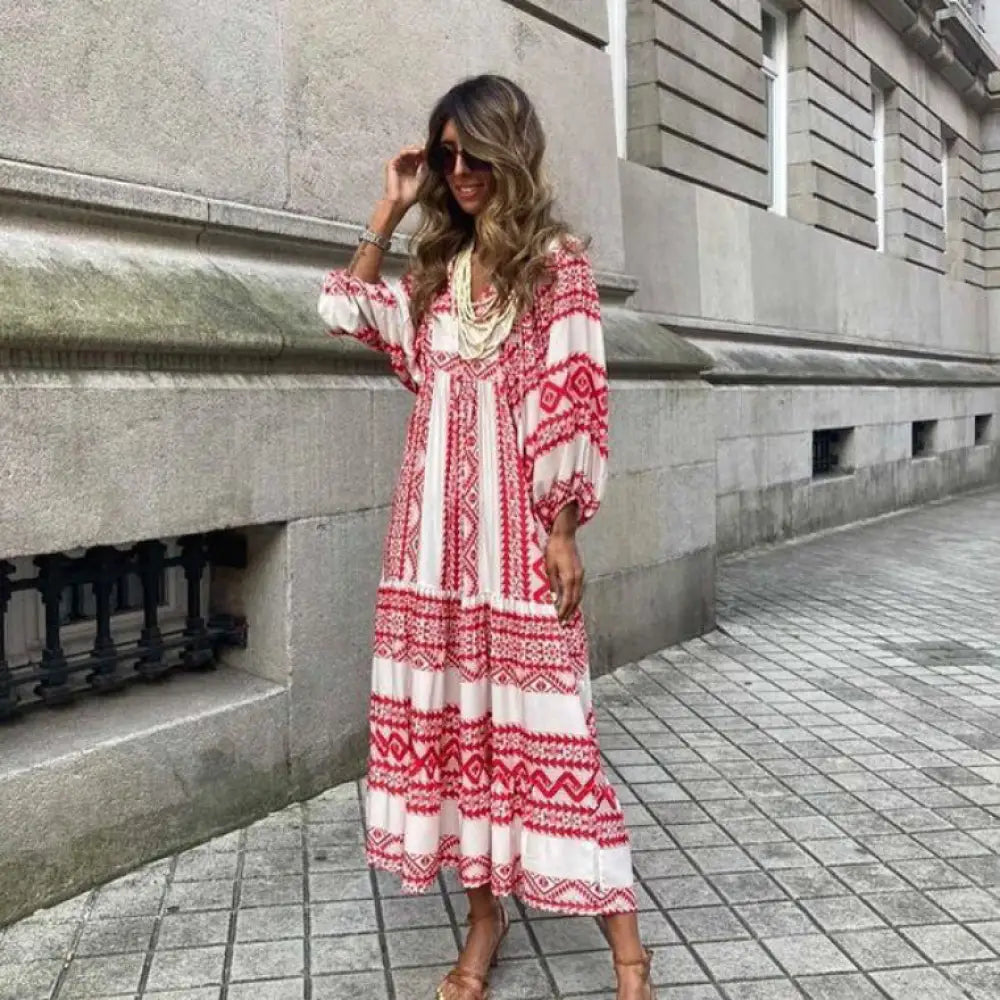 Vintage Bohemian V-neck Long Dress | Elegant & Romantic Summer Dress for Lovers | Same Anthem - Wine Red / 2XL