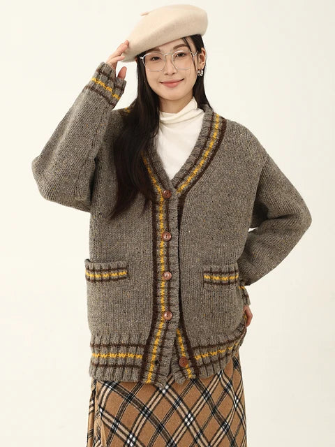 Vintage Chic Contrast Knit Cardigan – same ANTHEM | Dreamy Soulmate Style - Dark Grey / One Size