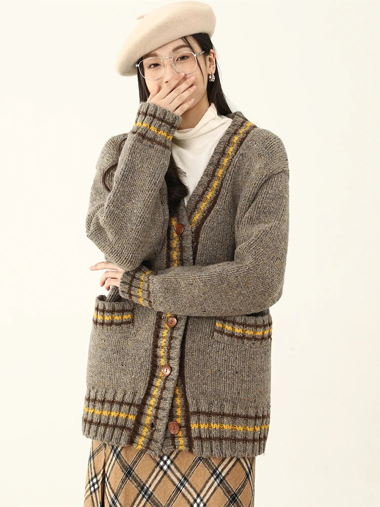 Vintage Chic Contrast Knit Cardigan – same ANTHEM | Dreamy Soulmate Style - Dark Grey / One Size